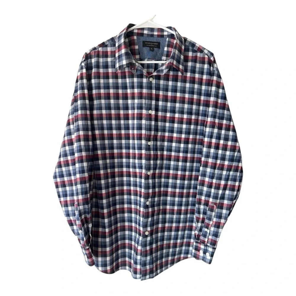 Banana Republic Men's Standard Fit Plaid Shirt - Blue, Red, and White Si…